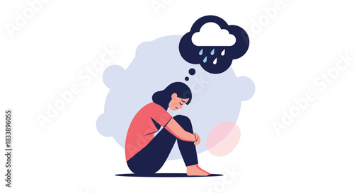 A sad woman sitting hunched over with a rain cloud thought bubble above her head, illustrating depression and mental health.