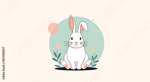 An adorable white Easter bunny sitting among flowers and leaves, illustrated in a soft and gentle pastel color palette.
