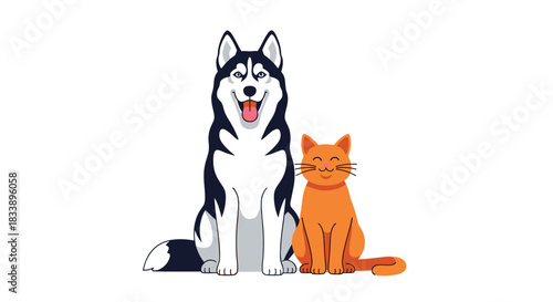 A friendly Siberian Husky dog and a happy orange cat sitting together as best friends, isolated on a white background.