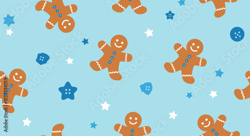 A festive and cute seamless Christmas pattern with gingerbread men, stars, and buttons on a light blue background vector.