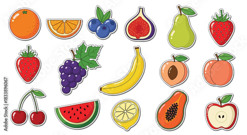 A large collection of colorful fruit stickers with a white border, featuring a variety of fresh and healthy produce.