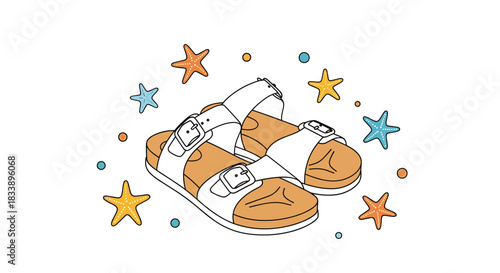 A pair of summer Birkenstock-style sandals illustrated in a doodle line art style, surrounded by colorful starfish and dots.