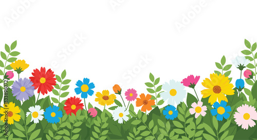 A beautiful summer or spring meadow scene with a border of colorful wildflowers and green leaves on a white background.
