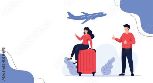 A travel and tourism concept banner showing a man and a woman with luggage giving thumbs up as an airplane flies overhead.
