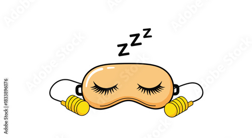 A cartoon sleeping mask with eyelashes and a pair of earplugs, with Zzz letters to represent sleep and rest vector.