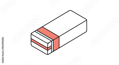 A simple isometric illustration of a classic rubber eraser with a paper sleeve, used for school and office stationery.