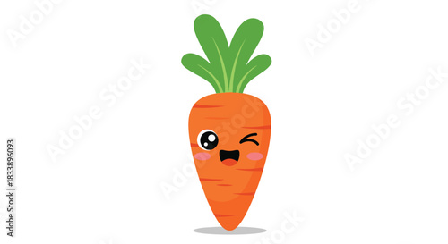 An adorable kawaii carrot character with a winking eye and a happy smile, isolated on a plain white background vector.
