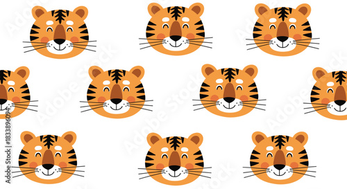 A cute seamless pattern of happy cartoon tiger faces with closed eyes on a simple white background, perfect for kids' decor.