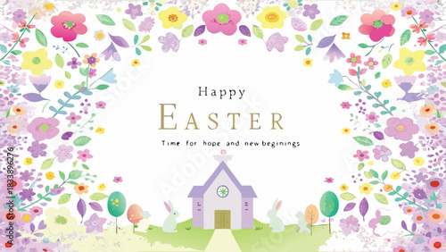 Happy easter greeting card with a floral border featuring pastel flowers cute bunnies decorated eggs a church and trees conveying a message of hope and new beginnings
