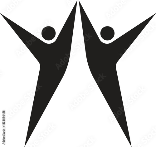 A bold and uplifting vector icon depicting a man celebrating a victory. The figure stands in an upright pose with both arms raised triumphantly above the head, symbolizing success, achievement, and co