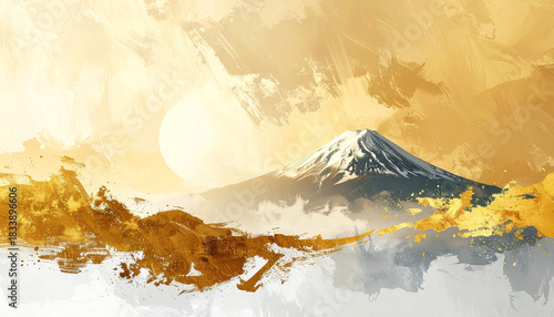 金箔の富士山の筆書きバックグラウンド,年賀状イメージ,　AI生成画像