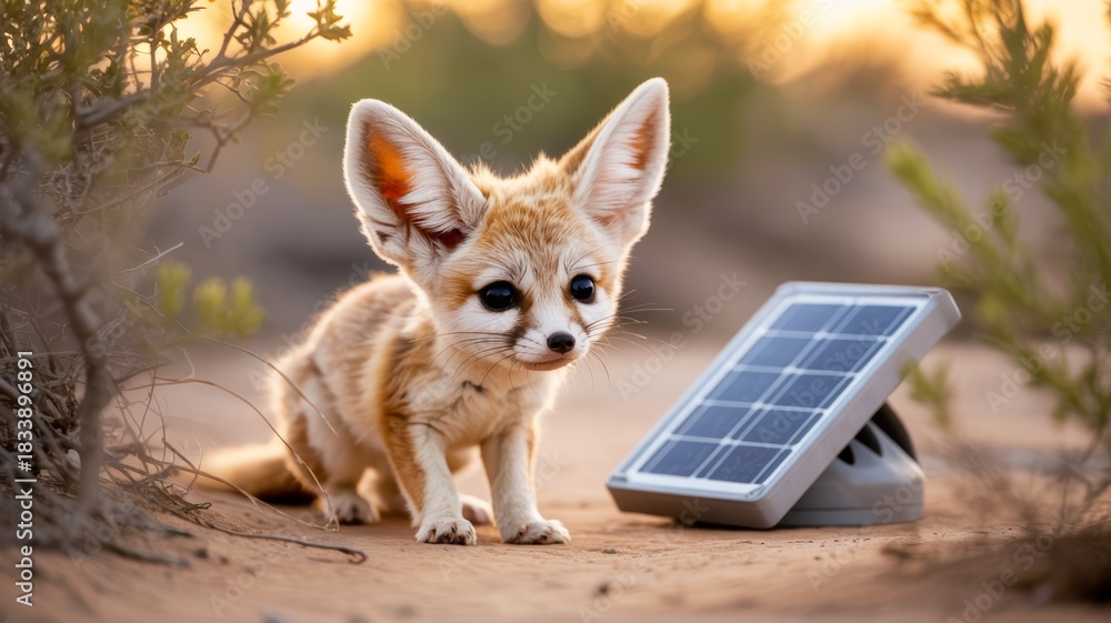 Obraz premium A fennec fox curiously approaches a solar panel in a desert setting, showcasing wildlife and renewable energy.