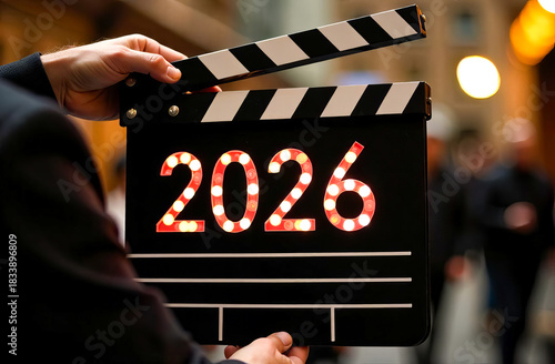 Male hands holding a clapper board with the numbers 2026, the symbol of the New year. Film making equipment. Concept of beginning of the New year, copy space