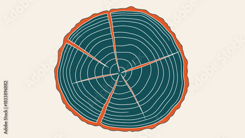 Illustration of a tree trunk cross-section with growth rings and radial cracks.