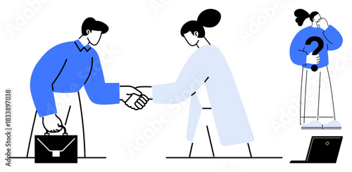 Business partnerships, professional collaboration, decision-making, recruitment, workplace communication, teamwork. Two individuals shake hands while another ponders a question. Business partnerships