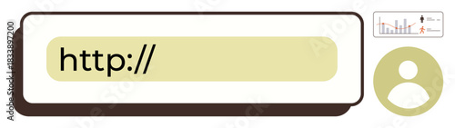 Web address search bar alongside a user profile icon and small analytics graph. Ideal for browsing, web navigation, user data, profile settings, technology, research. Simple flat metaphor