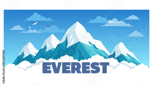 Everest mountain range with clouds and birds