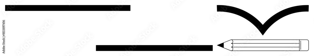 Obraz premium Writing, editing, creativity, communication, education, design. Black horizontal lines, downward arrow and pencil icon displayed on a white background. Writing and editing