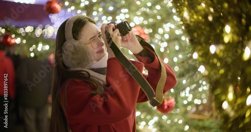 A young beautiful girl in a red coat stands near a Christmas tree with garlands and illuminations in the evening at the European Christmas Market and takes pictures with a vintage film camera.