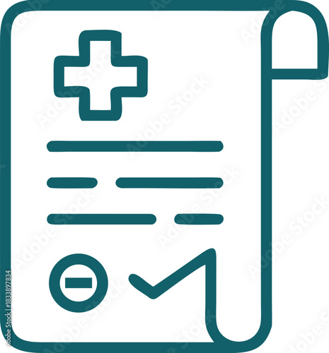 Medical document icon, healthcare form, hospital record, prescription, medical report, health information, and approval symbol in blue outline style