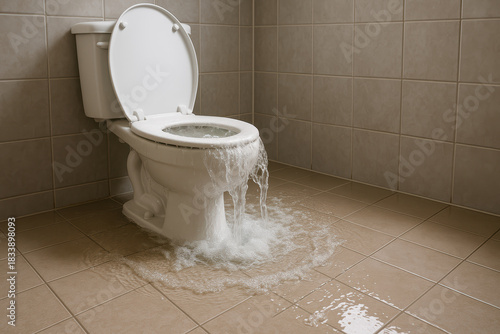 Frustrating overflowing toilet spilling water onto bathroom floor creating messy wet flood and potential damage