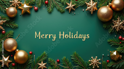 Holiday Flat Lay With Gold Decorations On Green For Christmas And New Year.