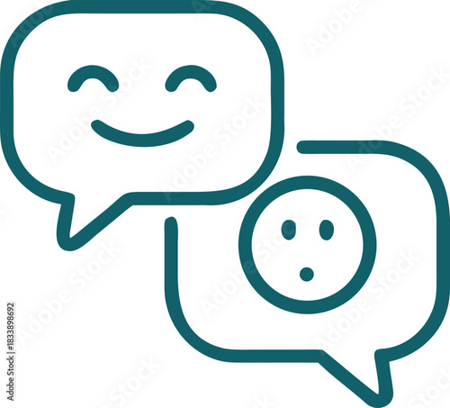 Smiling face and surprised face inside overlapping speech bubbles, representing positive and surprised emotions in communication, simple line art, teal color, isolated on white