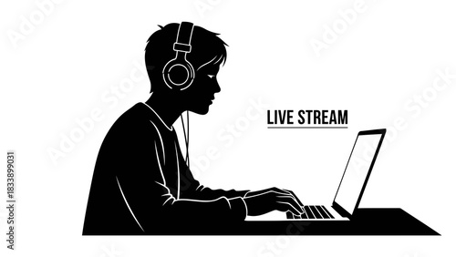 Silhouette of a person with headphones using a laptop for live streaming