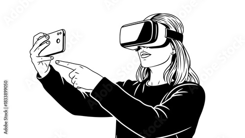 Woman interacting with virtual reality headset and smartphone