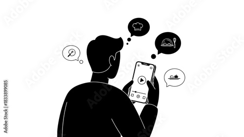 Person watching cooking videos on a smartphone with culinary icons
