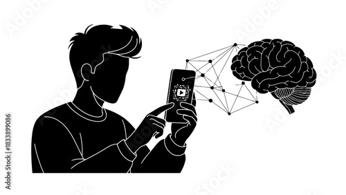 Man interacting with smartphone connected to brain network