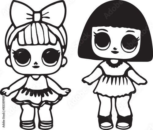Cute cartoon dolls black outline drawing illustration vector design