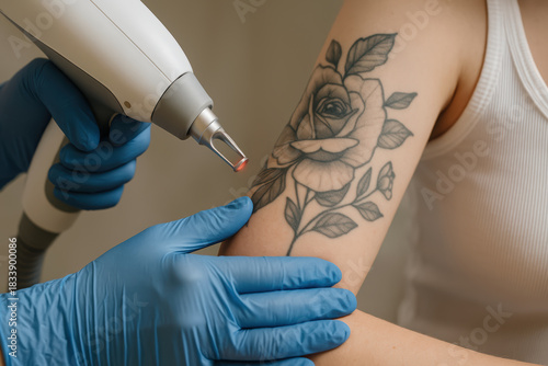 Wallpaper Mural Focused woman undergoing laser tattoo removal procedure at clinic. Dermatologist using device to erase floral tattoo on skin Torontodigital.ca