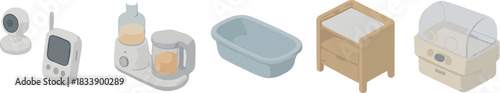 set of icons of various tools and things for sleep, safety and rest for a newborn baby in vector style