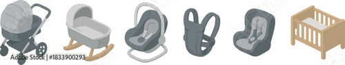 set of icons of various sleeping, safety and rest equipment for a newborn baby in vector style