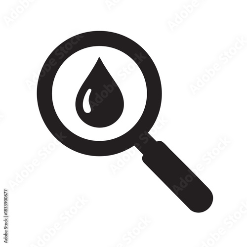 A black and white illustration depicts a magnifying glass focused on a single droplet of liquid