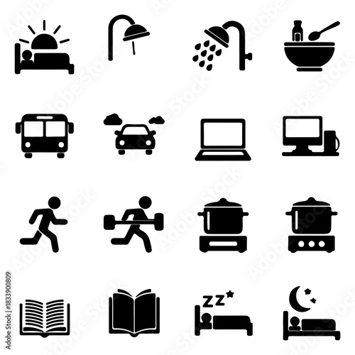 A collection of icons representing everyday activities, including sleep, hygiene, travel, exercise, cooking, learning, and rest