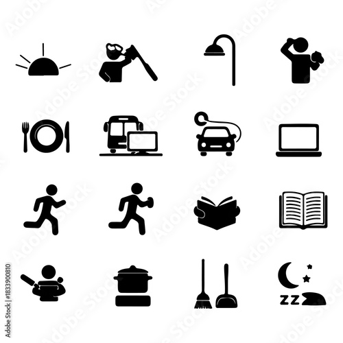 Daily life routine icon set illustrating a person's typical schedule from morning to night, including hygiene, work, and leisure activities