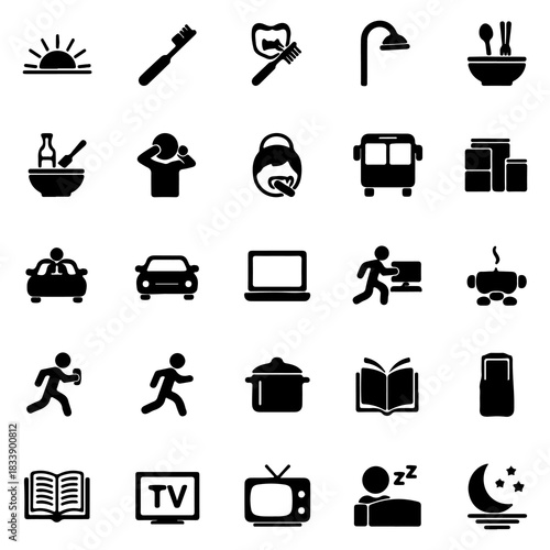 Collection of black and white glyph icons depicting a typical daily life schedule from morning to night, including work, leisure, and personal care