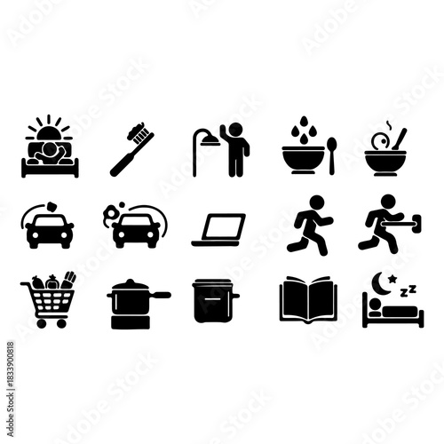 Daily life silhouette icons illustrating essential human activities from morning to night, covering personal care, work, exercise, shopping, cooking, and rest