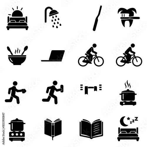 Comprehensive collection of daily routine icons illustrating various activities from morning wake-up to evening rest, depicting a full day's lifestyle journey with essential habits