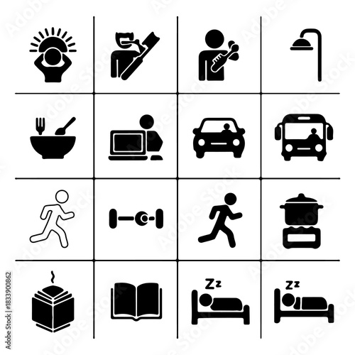 A versatile collection of black and white icons depicting various daily activities, personal routines, and essential lifestyle tasks, ideal for illustrating a typical day's schedule