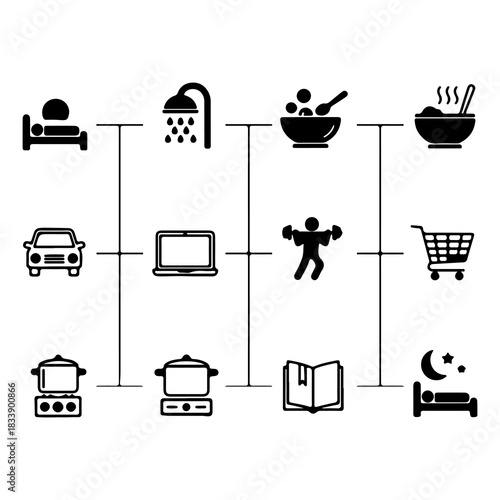 Daily life routine icons representing activities from waking up, hygiene, dining, fitness, and relaxation