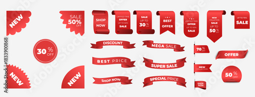 Red ribbon label. Price discount promotion banner, special offer sticker. Vector isolated set