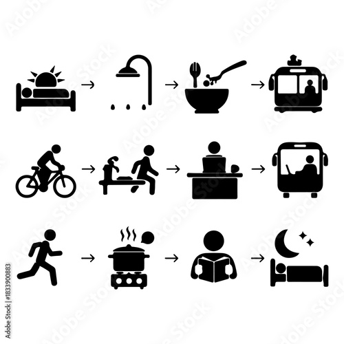 Daily Routine Icons Depicting Activities Like Waking Up, Eating, Commuting, Working, and Relaxing