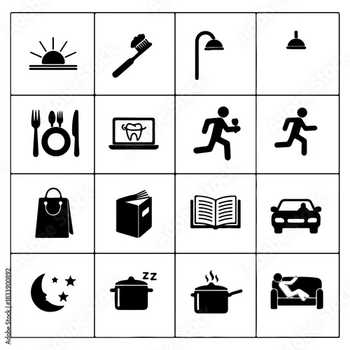 Set of Simple Icons Representing Daily Activities, Health, and Leisure