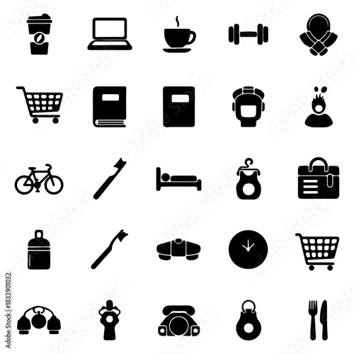 Minimalist glyph icon set illustrating a modern daily schedule, featuring symbols for work, exercise, shopping, and personal care routines