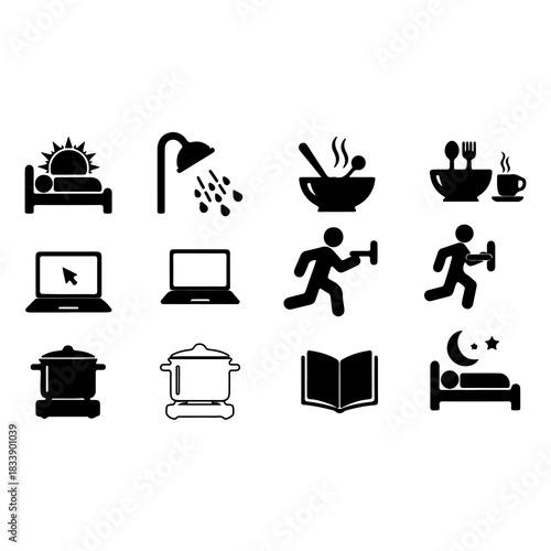 Daily routine icons depicting activities like waking up, showering, eating, working, exercising, reading, and sleeping