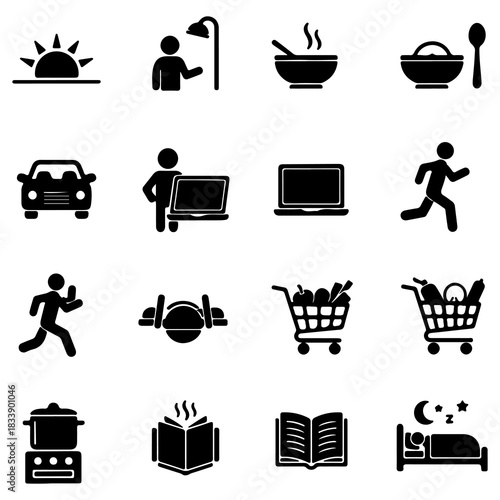 Glyph icon set illustrating a person's daily routine, from waking up and commuting to work, shopping, exercising, and sleeping at night