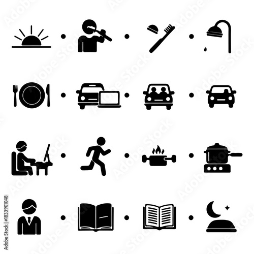 A comprehensive icon set depicting the concept of a person's typical daily routine, activities, and lifestyle schedule from morning to night
